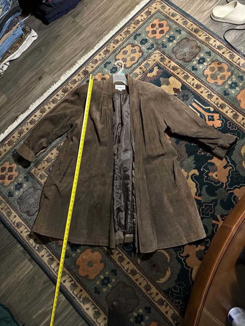 Vintage Ellen Ashley Brown Genuine Suede Leather Longline Open Front Coat Jacket